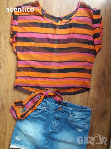 Лот от дънкова пола + блузка с отворен гръб за 10 лв., снимка 1