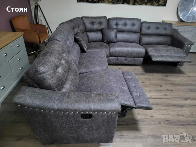 Кафяв ъглов диван от плат La-z-boy с ръчен релаксиращ механизъм, снимка 8 - Дивани и мека мебел - 50838162