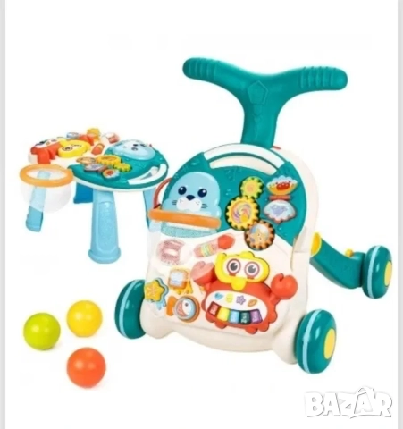 Детски уокър и масичка, 2в1 проходилка, интерактивна играчка - син ,за момче