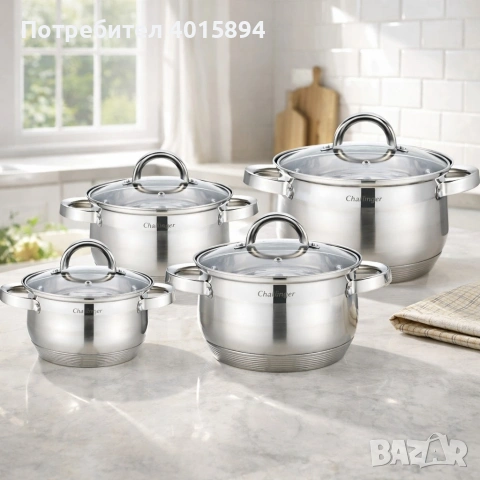Комплект 4 тенджери от неръждаема стомана с индукционно дъно Cheffinger CF-SS8 + ПОДАРЪК Ръчен чопър, снимка 4 - Съдове за готвене - 53181255