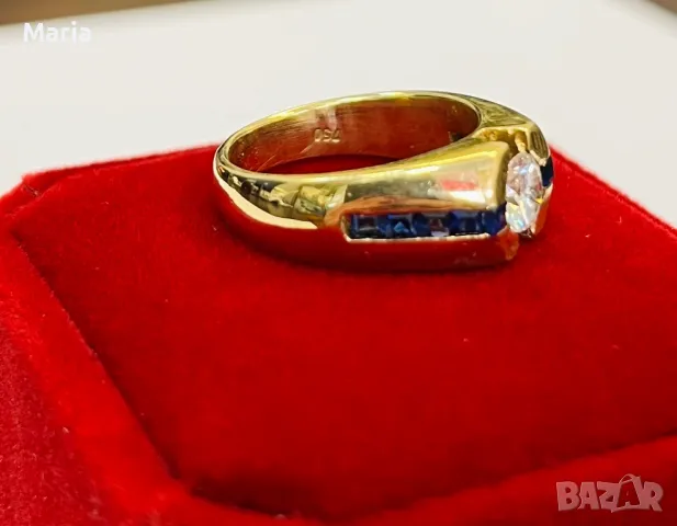 Златен  пръстен  жълто злато , брилянт и сапфири Unisex , снимка 10 - Пръстени - 49243250