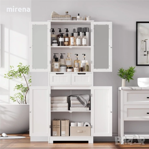 Висок шкаф за баня, стъклена врата и рафтове, 2 чекмеджета, бял, снимка 7 - Бюфети - 53145158