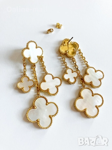 Луксозни дамски обеци с бели детелини – сребристи и златни, снимка 2 - Обеци - 52425204