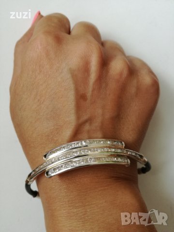 Дамска гривна с кожа, сребро и цирконий. Сребро проба 925 