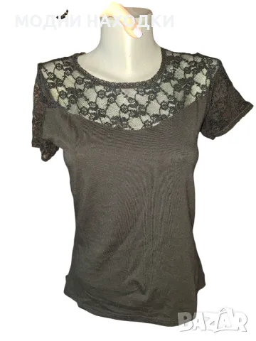 Черна Еластична Тениска с Дантела, снимка 3 - Тениски - 49801043