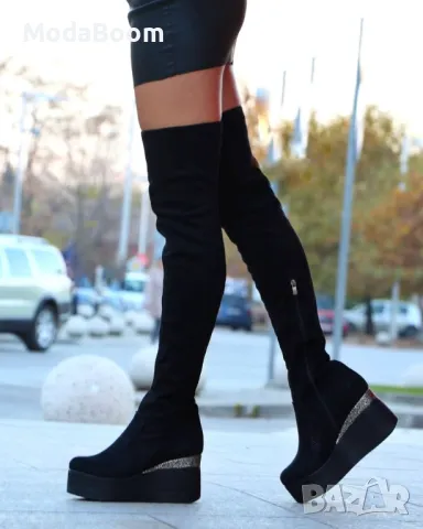 Ботуши на платформа - Велур, снимка 2 - Дамски ботуши - 48821023