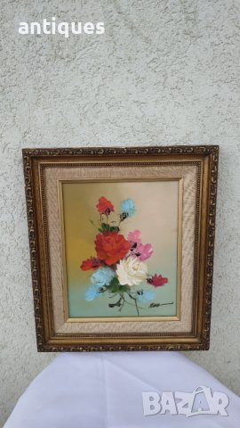 Картина "Цветя" - с рамка и подпис от автора - 36/31см, снимка 2 - Антикварни и старинни предмети - 36815295