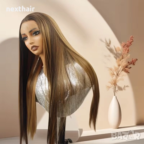 80 см блясък ✨ Кестенява синтетична перука с руси кичури и дантела 13×4, снимка 3 - Аксесоари за коса - 52567597