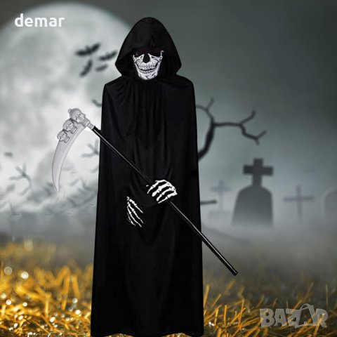 Костюм на Grim Reaper Хелоуин 4 части, черно наметало с маска на черепа, коса, скелетни ръкавици, снимка 3 - Други - 44069211