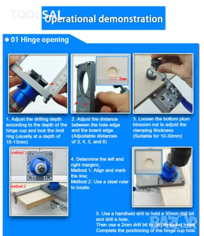 Комбиниран алуминиев шаблон за мебелни панти ф 35мм и рафтоносачи ф 20мм, снимка 4 - Други инструменти - 47937652
