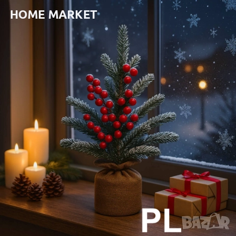 Мини коледна елха със заснежени клонки и декоративни червени плодове, снимка 4 - Други - 52706763