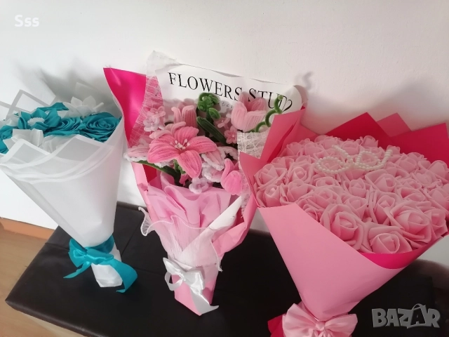 Букет от вечни сатенени рози , снимка 3 - Изкуствени цветя - 52592587