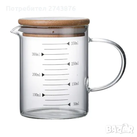 Мерителна кана боросиликатно стъкло, Бамбуков капак- 350мл , снимка 1