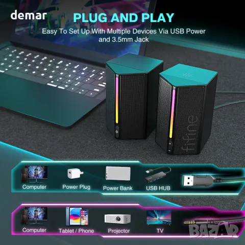FIFINE RGB високоговорители за игри, кабелни, USB, с 3,5 mm Aux аудио кабел, Ampligame A20, снимка 4 - Тонколони - 48827999