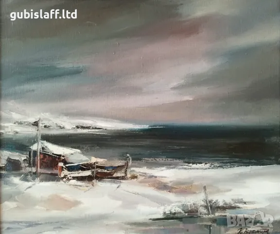 Картина "Зима край морето", худ. К. Табаков, 1990- те г., снимка 2 - Картини - 49484626
