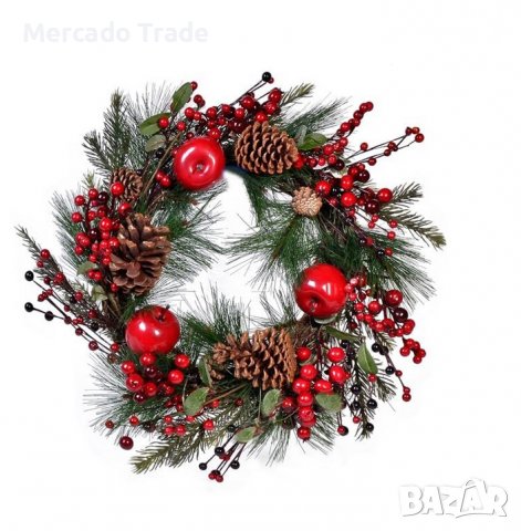 Коледен декоративен венец Mercado Trade, Шишарки, Горски плодове, 30 см