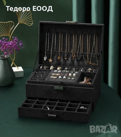 Луксозна кутия за бижута с ключ за заключване и много отделения, черна, снимка 3 - Други - 43899506