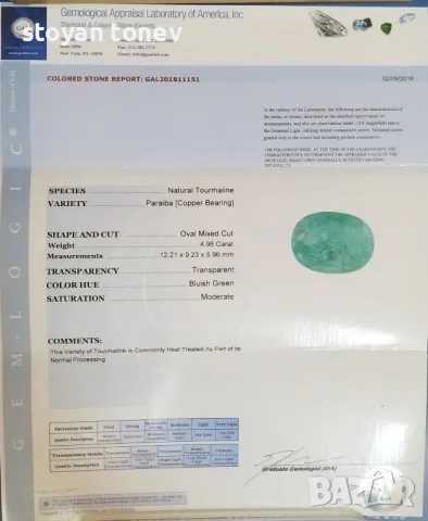 Хипнотизиращ Параиба турмалин в голям размер - 4.96кт.! Сертифициран! Нов!, снимка 4 - Бижутерийни комплекти - 44659464