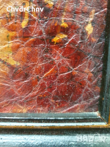 Пламен Костов/21x19см/малка българска картина акрил върху картон/пейзаж-стари къщи/дървена рамка, снимка 4 - Картини - 51484137