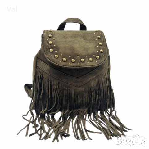 Велурена дамска раница с ресни и метални нитове-бохо стил и практичност, снимка 14 - Чанти - 52475253