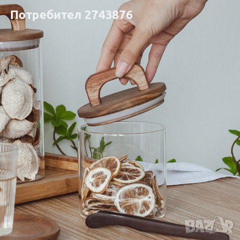 Стъклен буркан с бамбуков капак с дръжка, Ф 10 x 15 см, 1л., снимка 7 - Аксесоари за кухня - 43943508