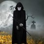 Костюм на Grim Reaper Хелоуин 4 части, черно наметало с маска на черепа, коса, скелетни ръкавици, снимка 3