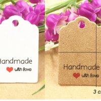 50 бр малки правоъгълни Handmade with love Тагове табелки етикети картонени подаръци ръчна изработка, снимка 1 - Други - 28937260