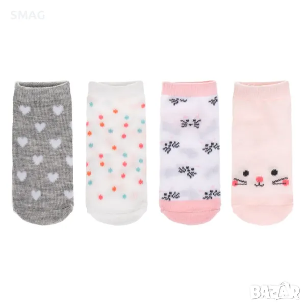 Бебешки чорапи за момичета Бели Розови Сиви Котешки Сърца - 4 чифта S_1249436, снимка 1
