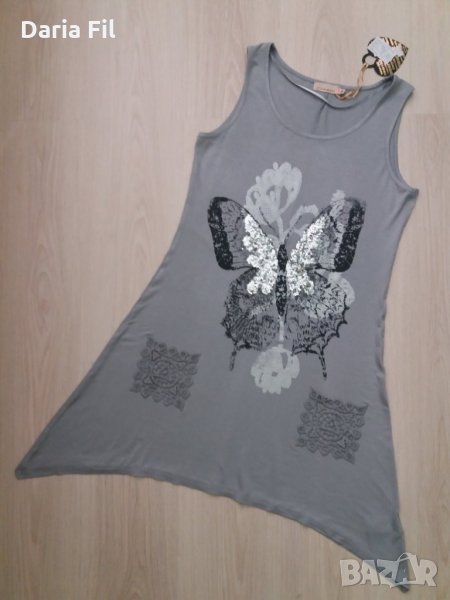 Асиметрична сива рокля/туника с пеперуда със сребристи пайети, снимка 1