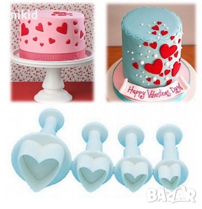 4 бр сърце сърчица сърца пластмасови форми форма за фондан сладки украса торта резци с бутало резец , снимка 1