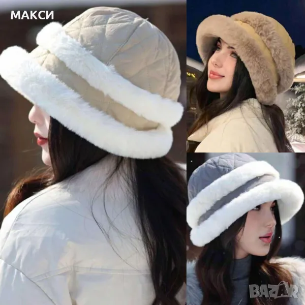 Модерна комфортна зимна топла шапка с пух отвън и отвътре и коригиращи размера вързалки със стопове , снимка 1