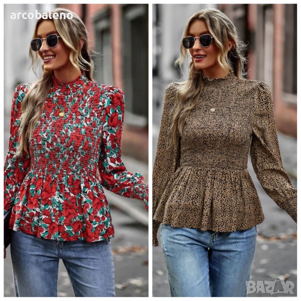 Дамска блуза с дълги ръкави с висока яка и плисирани краища, 2цвята, снимка 1