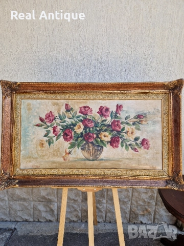 Натюрморт голям антикварен масло платно автор рамка , снимка 3 - Картини - 51686446