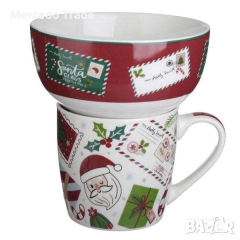 Комплект коледна чаша и купа Mercado Trade, Дядо Коледа, Шарен, снимка 2 - Чаши - 52305132