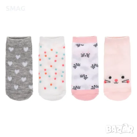 Бебешки чорапи за момичета Бели Розови Сиви Котешки Сърца - 4 чифта S_1249436