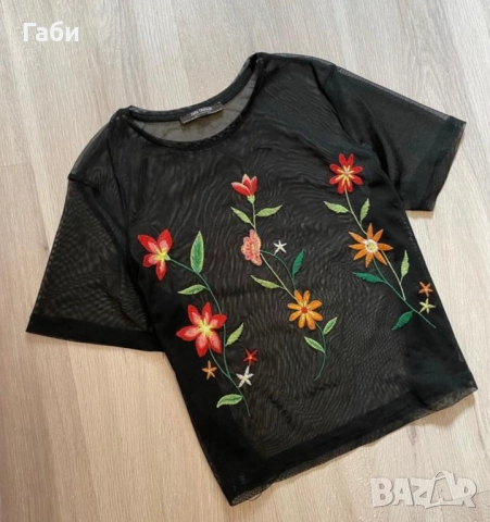 Мрежеста дамска тениска Zara с бродирани цветя - безплатна доставка