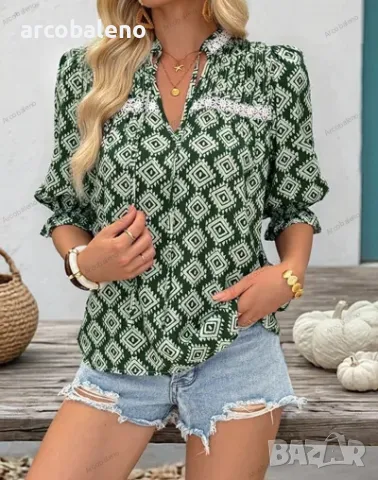Модна дамска риза с къс ръкав и геометричен принт, снимка 2 - Ризи - 50054677