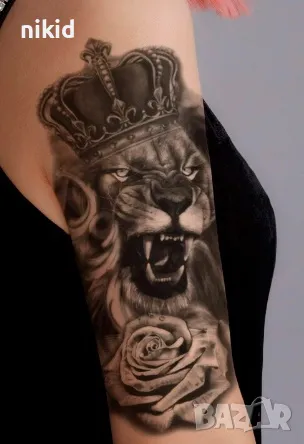 Лъв с Кралска корона черно бял временна татуировка татос татус Tattoo, снимка 2 - Други - 47273588