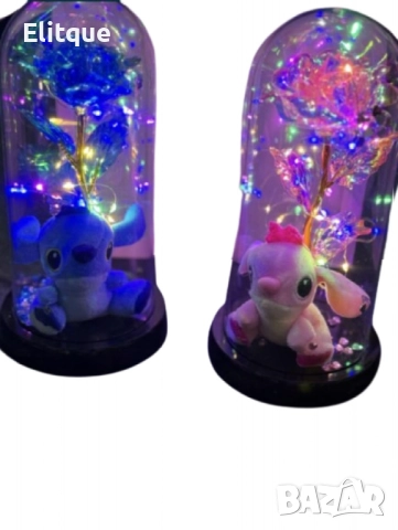 Пластмасова роза с кристален ефект в стъклен купол със Стич и LED светлини, снимка 3 - Други стоки за дома - 52744085