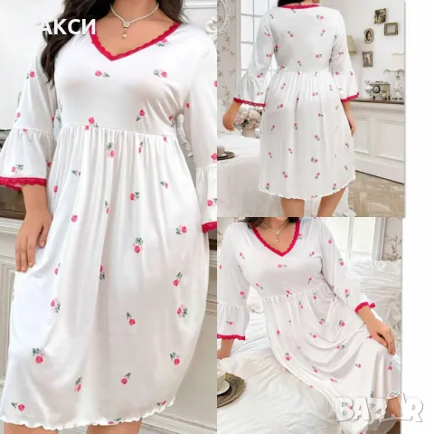Макси еластична прекрасна дълга нощница с 3/4 ръкави и дантела в бяло на нежни мини лаленца