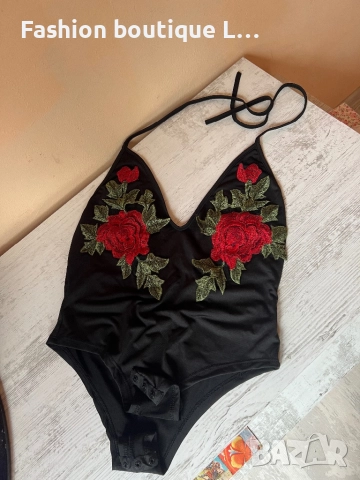 Ново черно дамско боди с червени бродирани червени цветя с листа 🖤