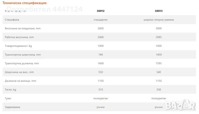 Ръчен стакер , 1 тон, 3 метра повдигане, снимка 2 - Подемници - 50725649