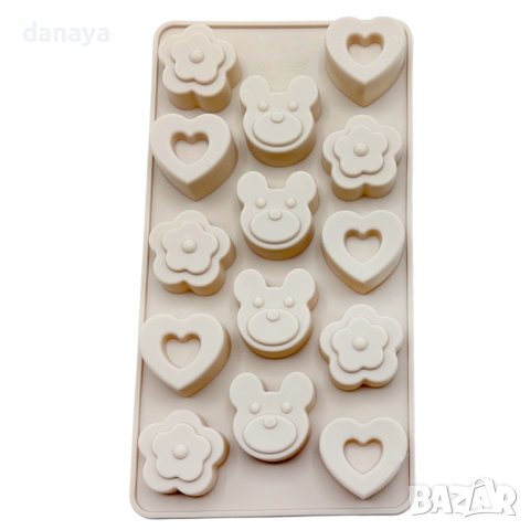4381 Силиконова форма за бонбони с релеф Сърца Мечета Цветя, снимка 3 - Форми - 43790475