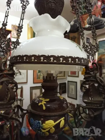 Стар масивен антикварен  полилей ,рисувана керамика ,рисувано стъкло,газено шише,действащ, снимка 4 - Антикварни и старинни предмети - 48766750