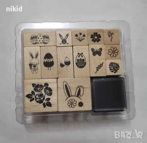 16 бр Великденски гумирани дървени печати печата с мастило за бисквитки картички  украса, снимка 2 - Други - 49970777