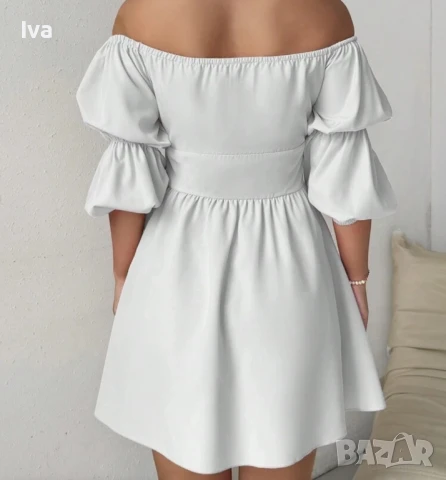 НАМАЛЕНА! Бяла разкроена рокля с паднали рамене, различни размери, снимка 3 - Рокли - 50579926