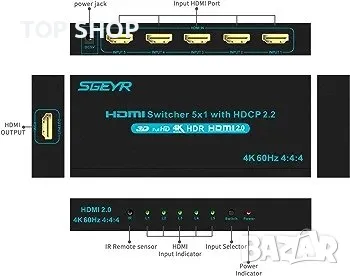 HDMI превключвател HDMI селекторен превключвател 5 порта HDR IR дистанционно 4K HDMI, снимка 2 - Друга електроника - 48747747