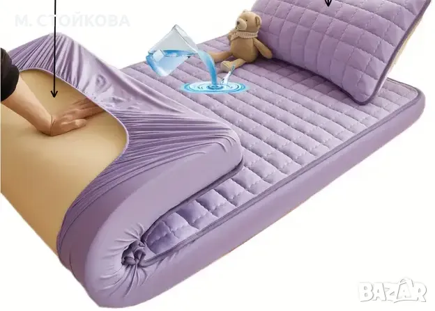 шалте, кувертюра, покривало, протектор за голям спален матрак с ластик в лилав цвят - водоустойчив