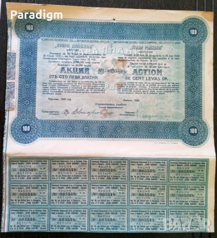 Акция за 100 лв. | Акционерно др-во "Стара планина" | 1920г., снимка 2 - Нумизматика и бонистика - 33533267