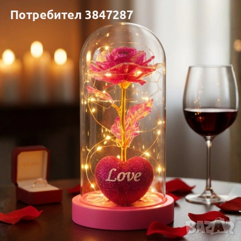 Светеща декоративна роза в купол - Светлина, романтика и любов, снимка 3 - Изкуствени цветя - 53051974